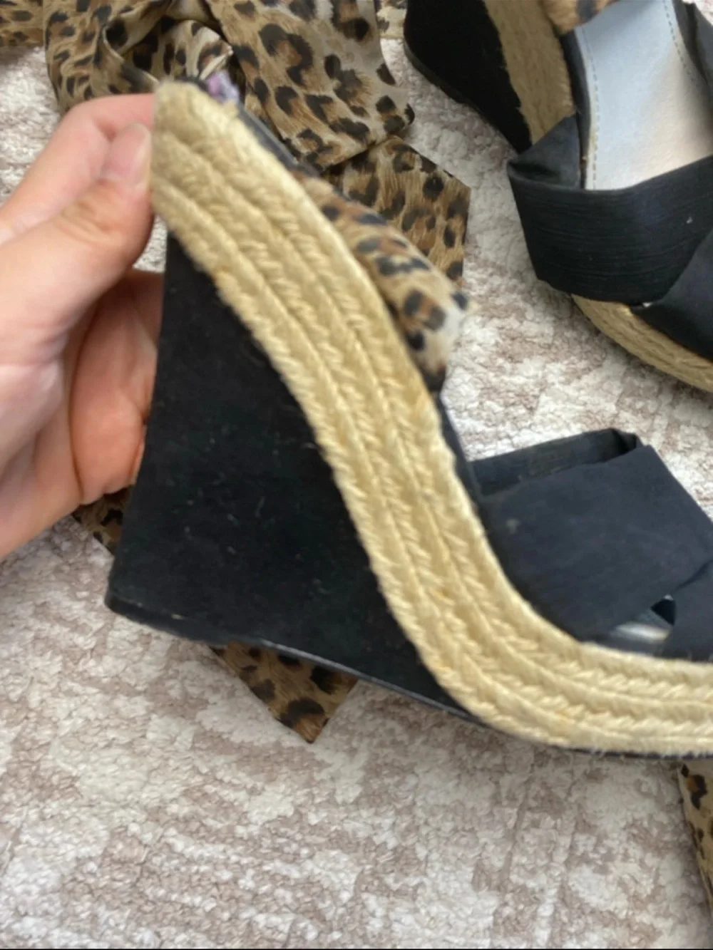 Y2K Black Espadrille Wedge Sandals with Leopard Tie-Ankle Straps & match purse